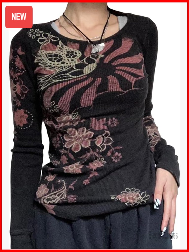 Long Sleeve Graphic Tee Y2k Grunge Fairycore Crop Top Polyester